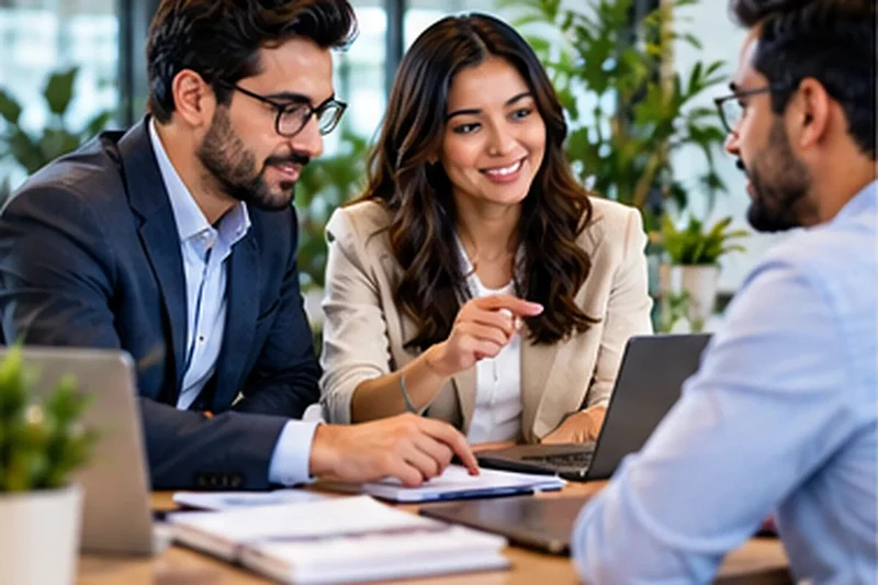 Three team members talking through a plan at a meeting table
