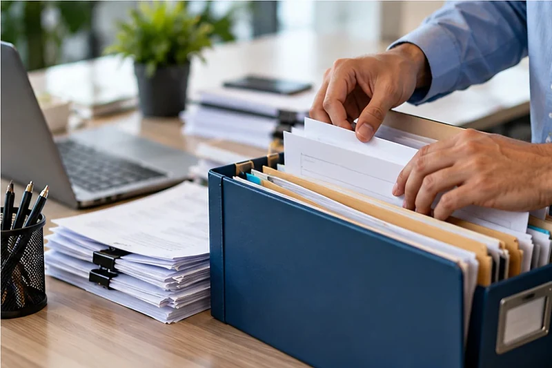 Hands filing documents into an organised folder box