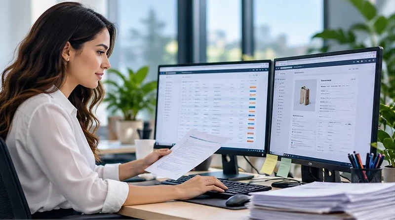Operations specialist checking a document against records on two monitors
