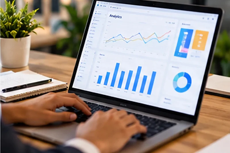 Laptop showing a business performance report with charts
