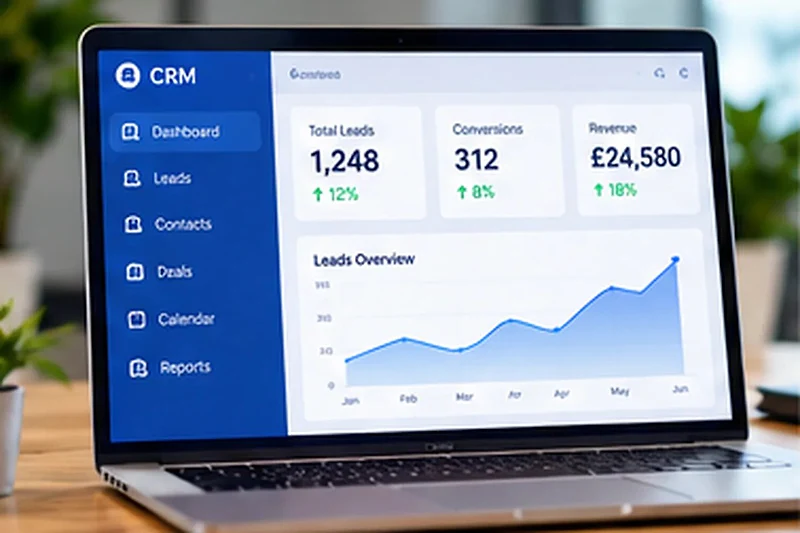 Laptop showing a CRM dashboard with leads, conversions and revenue