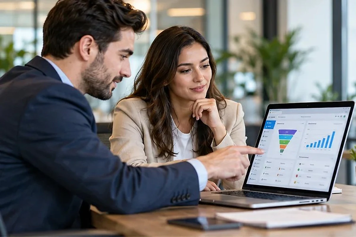 Two colleagues reviewing a sales pipeline dashboard on a laptop