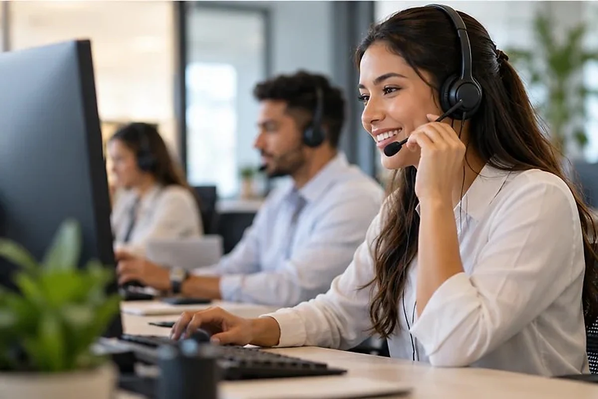 Smiling support agent wearing a headset with colleagues behind her