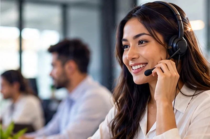 A support agent on a headset at a desk