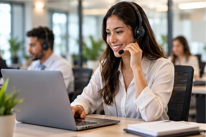 Assistant wearing a headset working on a laptop in an open office