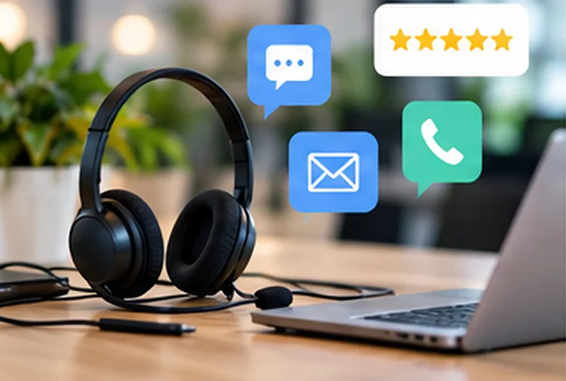 Headset beside a laptop with chat, email, phone and review icons