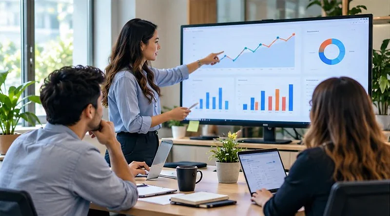 Marketer presenting campaign charts to her team on a large screen