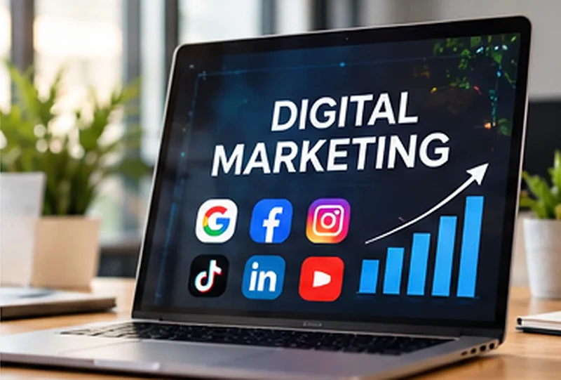 Laptop showing social platform icons and a rising growth chart