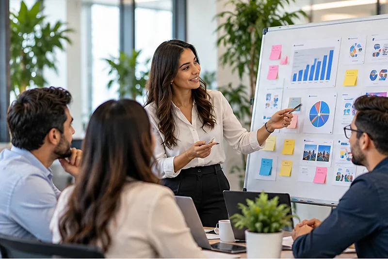 Marketing team planning a campaign at a board of charts and notes