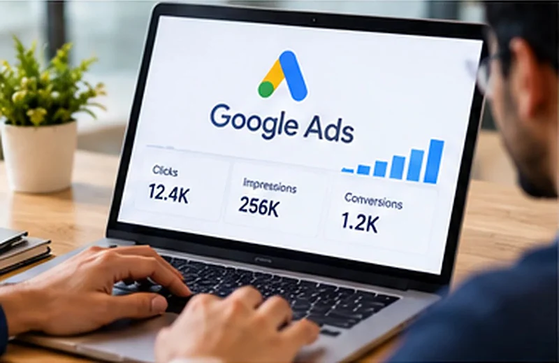 Laptop showing Google Ads clicks, impressions and conversions