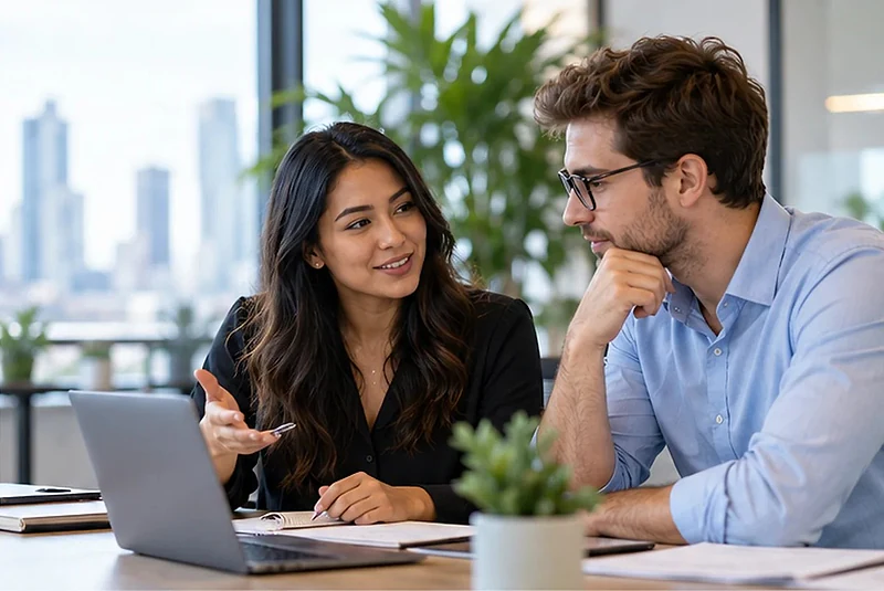 Two colleagues discussing a project at a laptop in a bright office