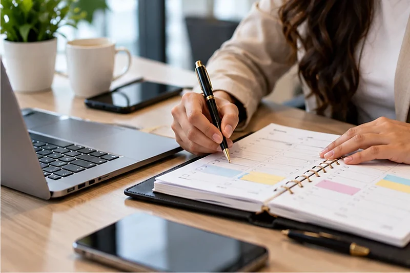 Hand writing appointments into a planner beside a laptop