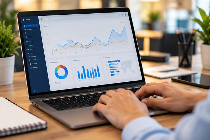 Hands on a laptop showing a marketing analytics dashboard