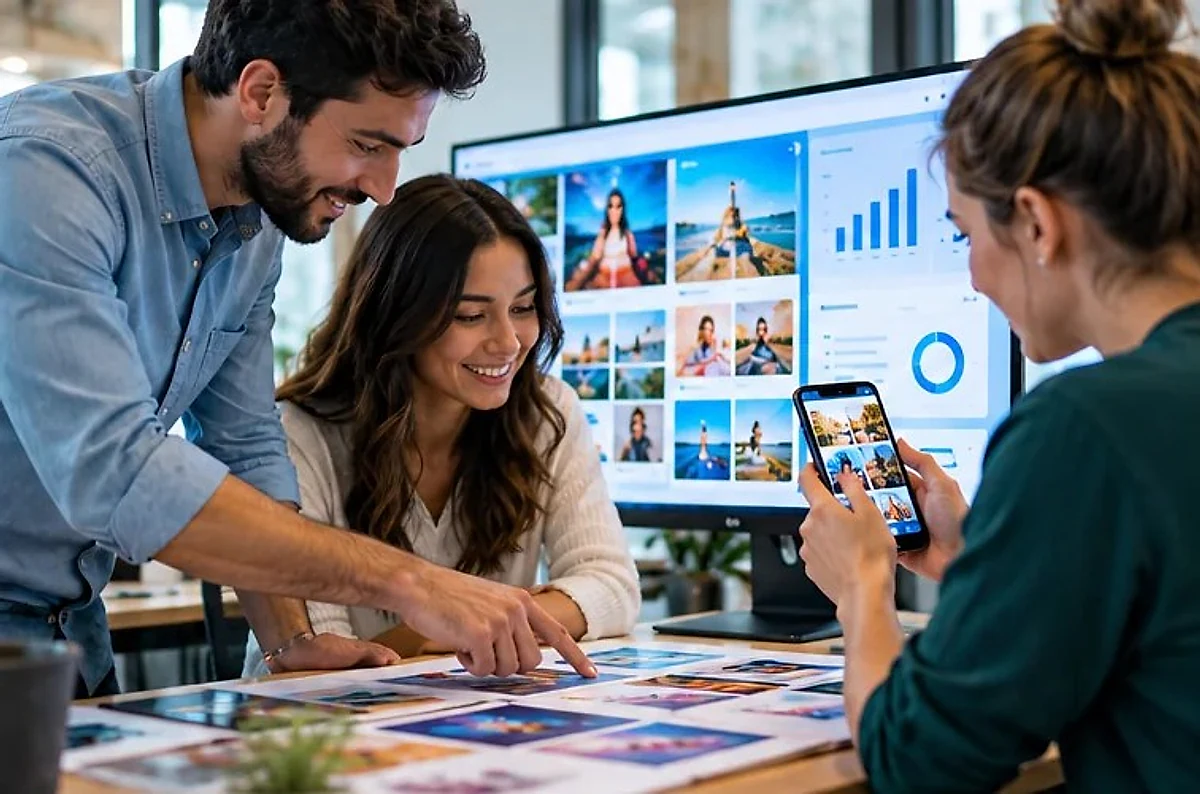 Team choosing ad photos around a table with a results screen behind