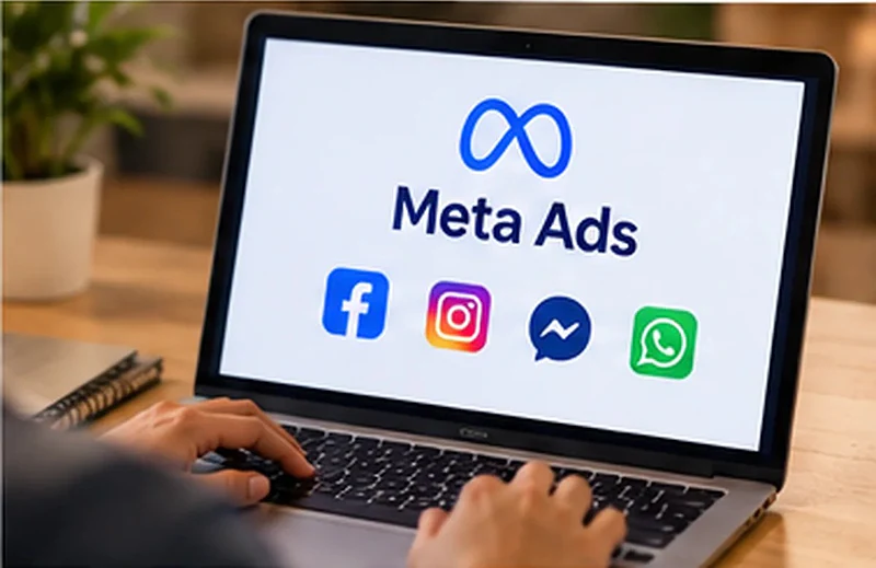 Laptop showing Meta Ads with Facebook, Instagram, Messenger and WhatsApp icons