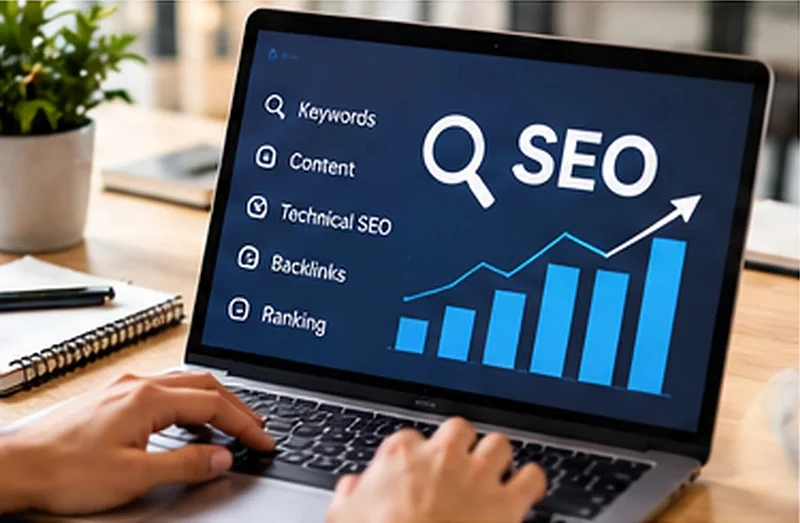Laptop showing an SEO checklist and a rising rankings chart