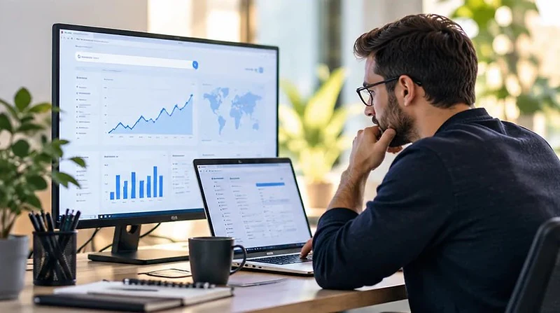 SEO specialist studying traffic charts on a monitor and laptop