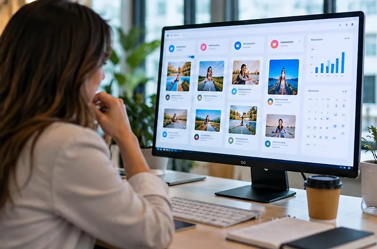 Social media manager reviewing a grid of scheduled posts on a monitor