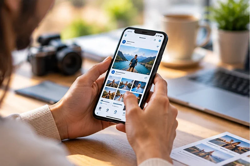 Hands scrolling a photo feed on a phone