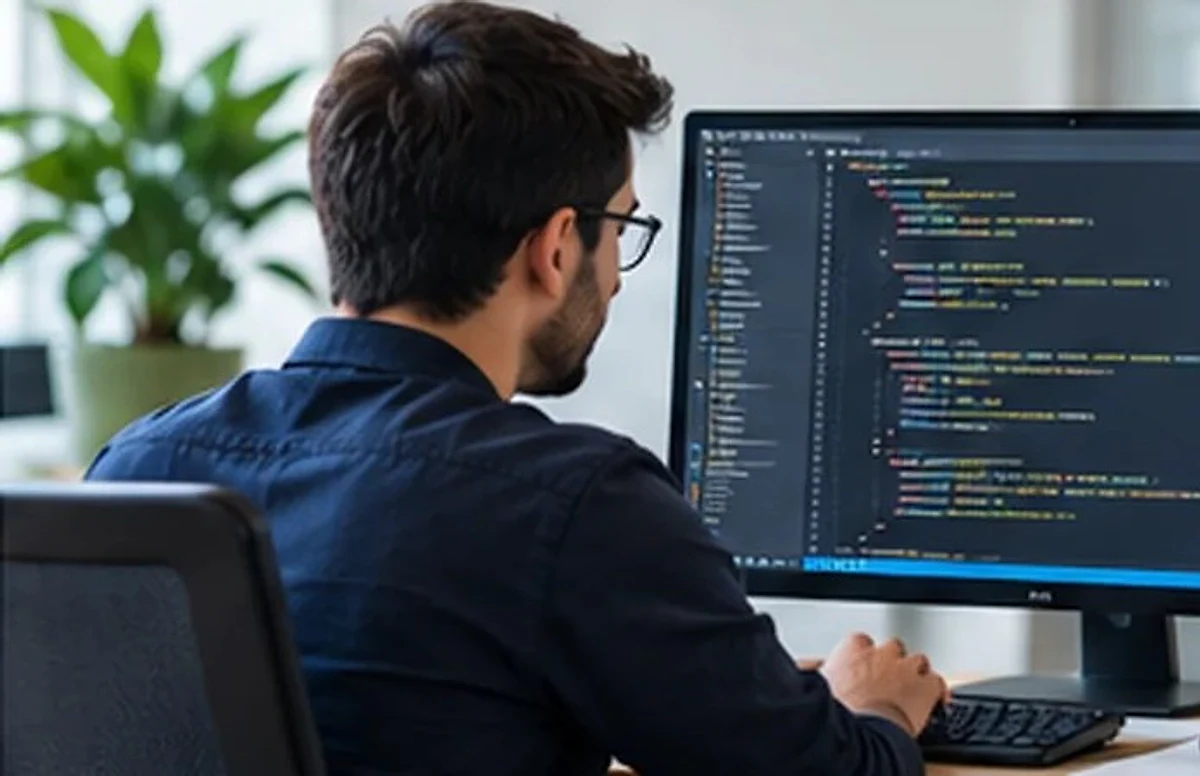 Software developer writing code on a large monitor