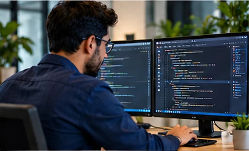 Developer writing code across two monitors