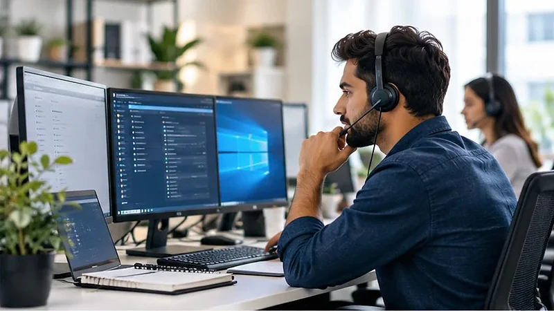 Technical support specialist wearing a headset at a multi-monitor desk