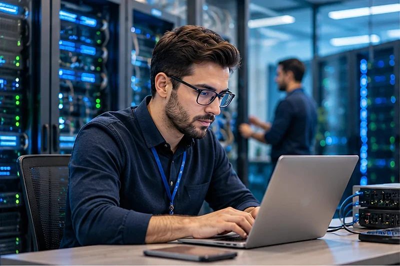 IT engineer working on a laptop in a server room