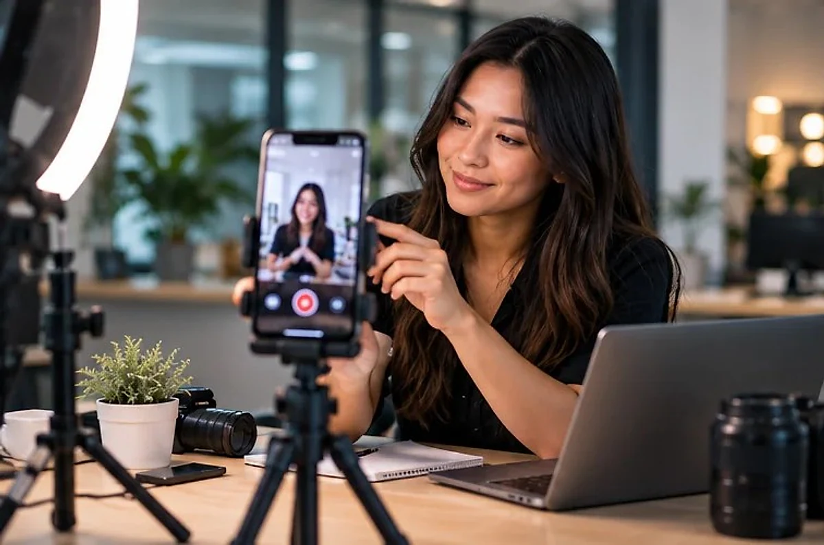 Creator setting up a phone on a tripod to record a short video