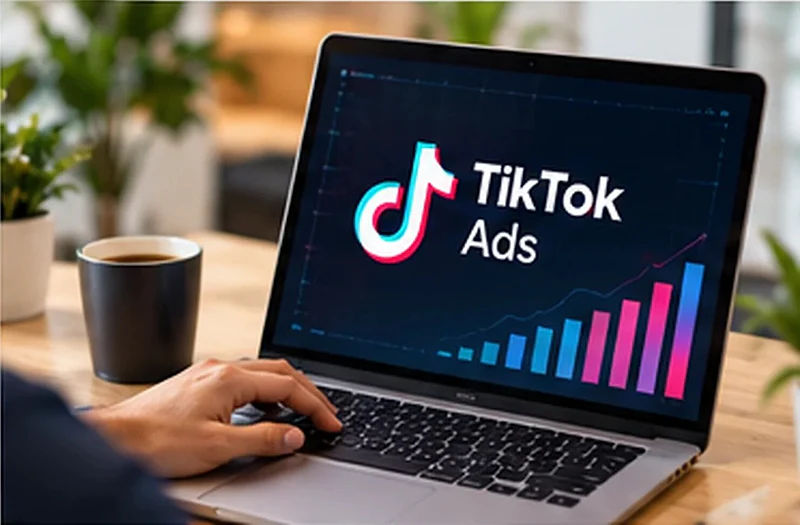 Laptop showing TikTok Ads with a rising results chart