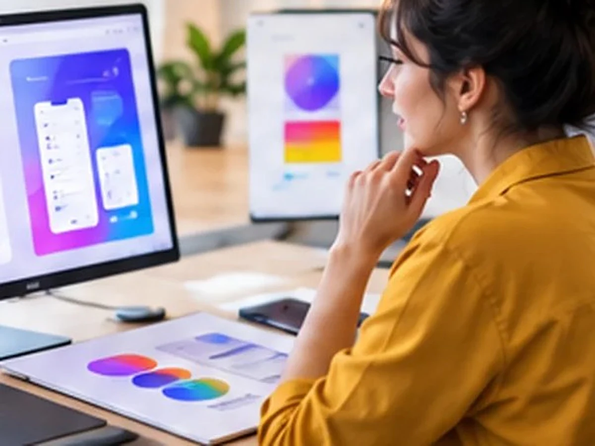 Designer reviewing app interface designs on a monitor