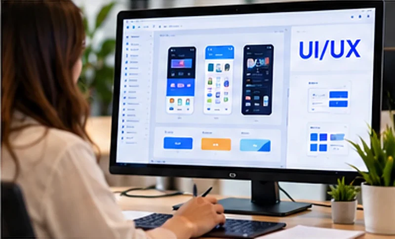Designer working on mobile app screens on a large monitor