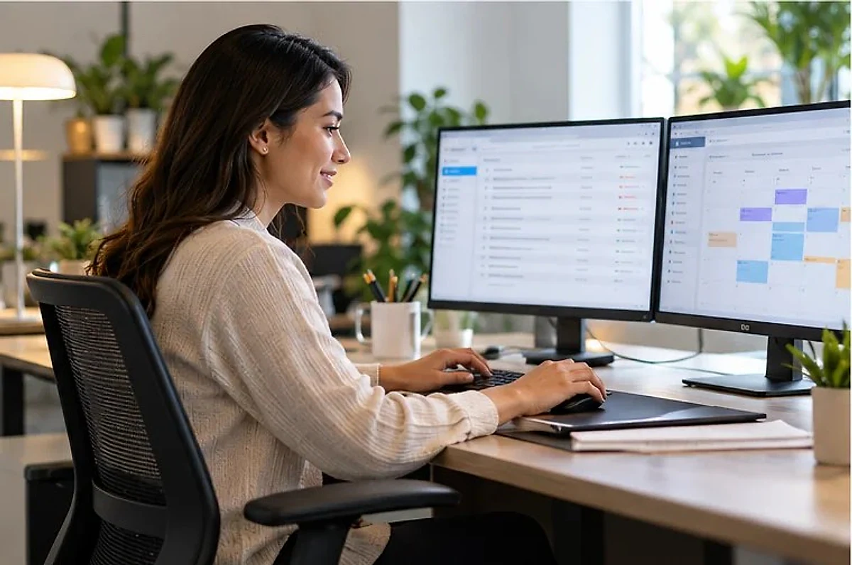 Virtual assistant managing a calendar and inbox on two monitors