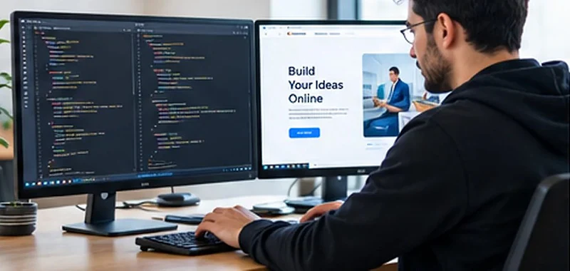 Web developer with code on one monitor and a website on the other