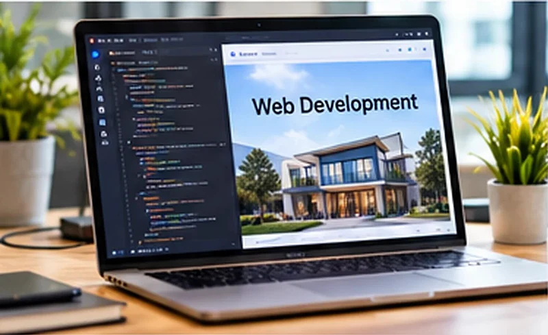 Laptop showing code beside a website preview